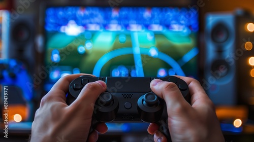 Hand holding game controller with digital screen showing gaming interface, blurred background of video games room, focus on hand and gamepad, high tech gaming environment, purple neon light effect. 