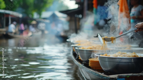 A picturesque scene of a Thai noodle boat in a bustling floating market, with steaming bowls of noodles being prepared and served to eager customers on the water.