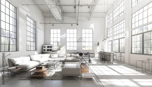 Sleek White Living Space with Wood Details and Expansive Windows. Generative AI