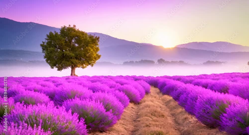 Tranquility Amidst a Vast Lavender Field as the Sun Sets Tranquility Amidst a Vast Lavender Field as the Sun Sets