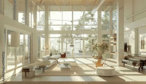 Spacious, Minimalist Living Room with Natural Light and Wood Accents. Generative AI