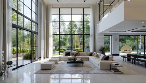Minimalist Living Room with High Ceilings and Natural Accents. Generative AI © NormanBalberan