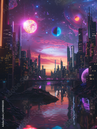 The skyline, a canvas for milleniwave dreams, lit by stylized neon galaxies photo