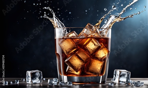 A refreshing soda drink or cola, served with ice cubes, creating a splash and bubbles, perfect for a summer party or celebration. ai generative