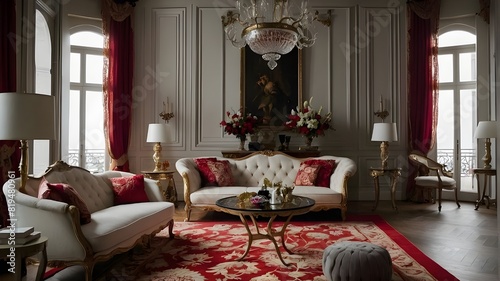 Richly decorated living room with a red and white floral tufting and an artistically styled alfombra olla.