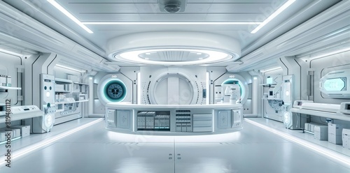 3D rendering  white scifi laboratory interior design with rounded corner desk and high tech equipment.