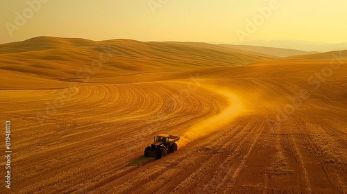 A drone shot captures a sprawling corn field with harvesting machinery in action on a clear sunny day