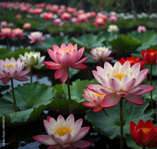 red, white, pink, green, black and lighiting paisaje flor de loto © Ansaar