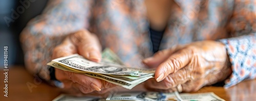 An elderly person's hand receiving cash, symbolizing paid in full, evoking emotional resonance in a close-up shot
