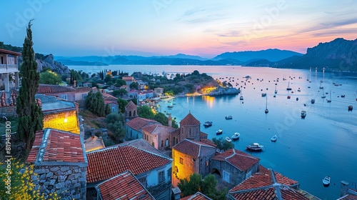 Evening panorama of Kas, Turkey, seaside and historical buildings, tranquil atmosphere photo