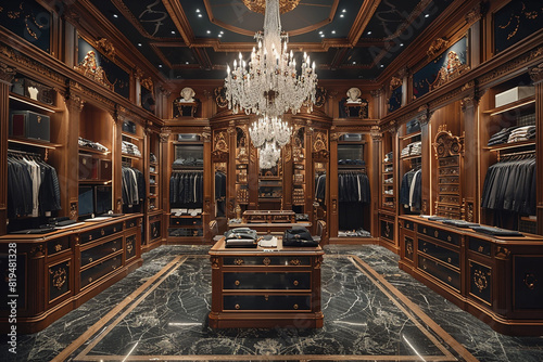 Opulent boutique for bespoke menswear, crystal chandeliers illuminating. photo