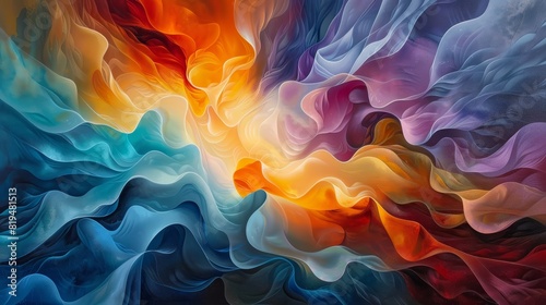 The image is an abstract painting. It has a colorful background with a bright light in the center. The light is surrounded by a blue, orange, and purple smoke-like cloud.