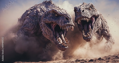 Ferocious Fantasy Dinosaurs Fighting in a Dusty Action Scene, Danger and Prehistoric Imagery