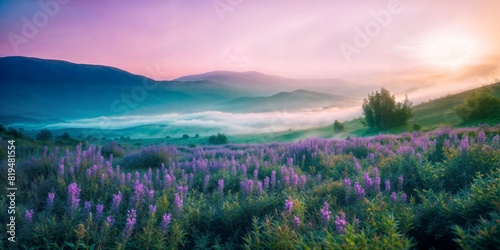 Very gentle early morning in the mountains with blooming lilac flowers and clouds in the lowland