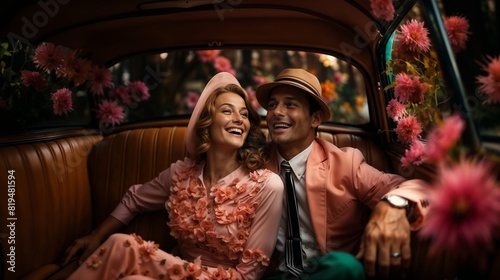 Happy Couple in Vintage Car with Floral Decorations on a Sunny Day