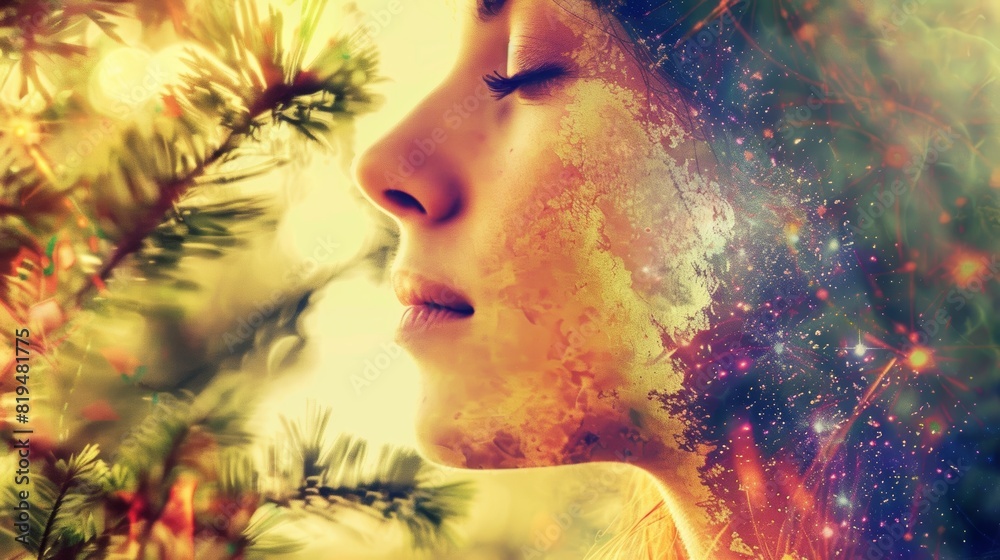 Surreal double exposure of a peaceful woman with nature and galaxy, symbolizing harmony between human and universe. Surreal double exposure of a peaceful woman with nature and galaxy, symbolizing harmony between human and universe.