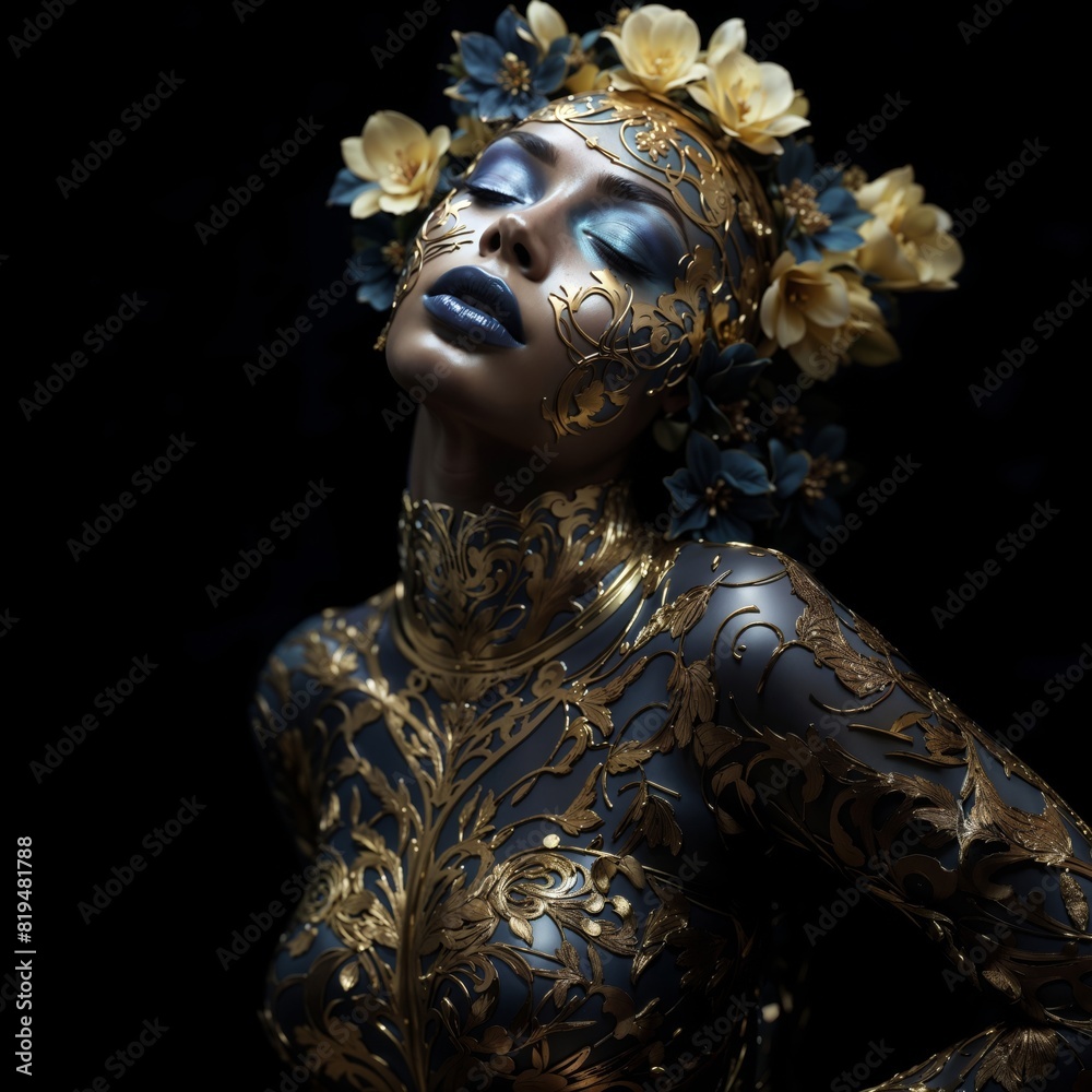 Fantasy Portrait of Woman with Gold Face Paint and Floral Headpiece