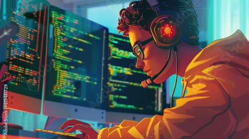 Character illustration of a coder using programming languages to develop software and tech innovations
