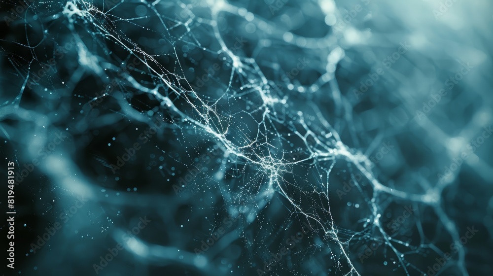 The image is a microscopic view of a neural network. The intricate connections between the neurons resemble a vast network of glowing blue fibers.
