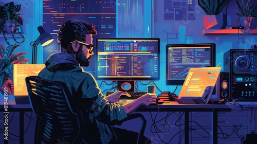 Illustration of a programmer in a tech environment, focused on software systems and IT solutions