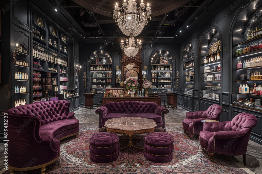 Sophisticated boutique, artisanal perfumes, plush velvet chaise lounges.