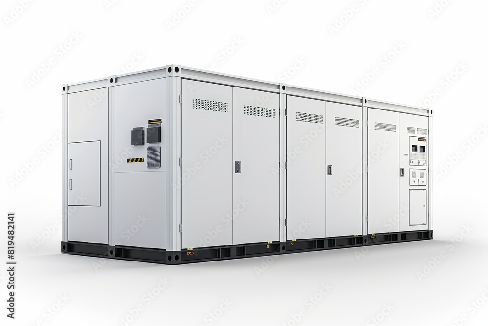 Realistic photograph of a complete Energy Storage Solutions,solid stark white background, focused lighting