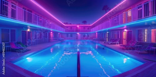  A cinematic still of an 80s retro neon purple and blue motel with pool