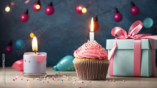 A cupcake with pink frosting and a lit candle sits on a table next to a closed present with a pink ribbon. 