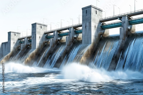 Realistic photograph of a complete Hydroelectric Power,solid stark white background, focused lighting photo