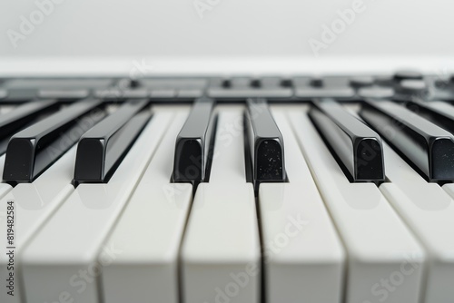 Realistic photograph of a complete Keyboard,solid stark white background, focused lighting