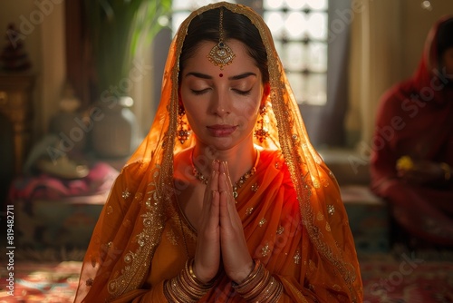 A serene Sikh woman peacefully meditates at home in the morning light, embodying calm and composure