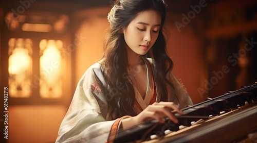 Clear and close-up of a single Chinese woman playing a traditional musical instrument in a cultural setting