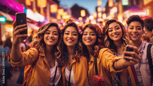 A group of four friends are taking a selfie. They are all smiling and two of them are wearing sunglasses. 