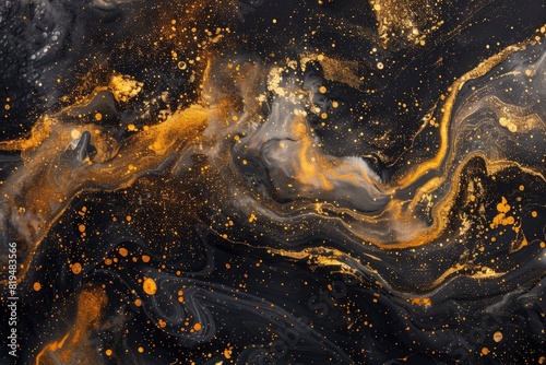 Golden sparkling abstract background, luxury black smoke, acrylic paint underwater explosion, cosmic swirling ink - Generative ai