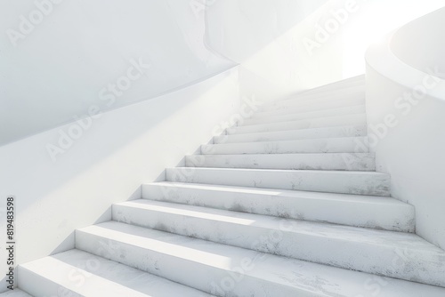 Realistic photograph of a complete Stairs solid stark white background  focused lighting