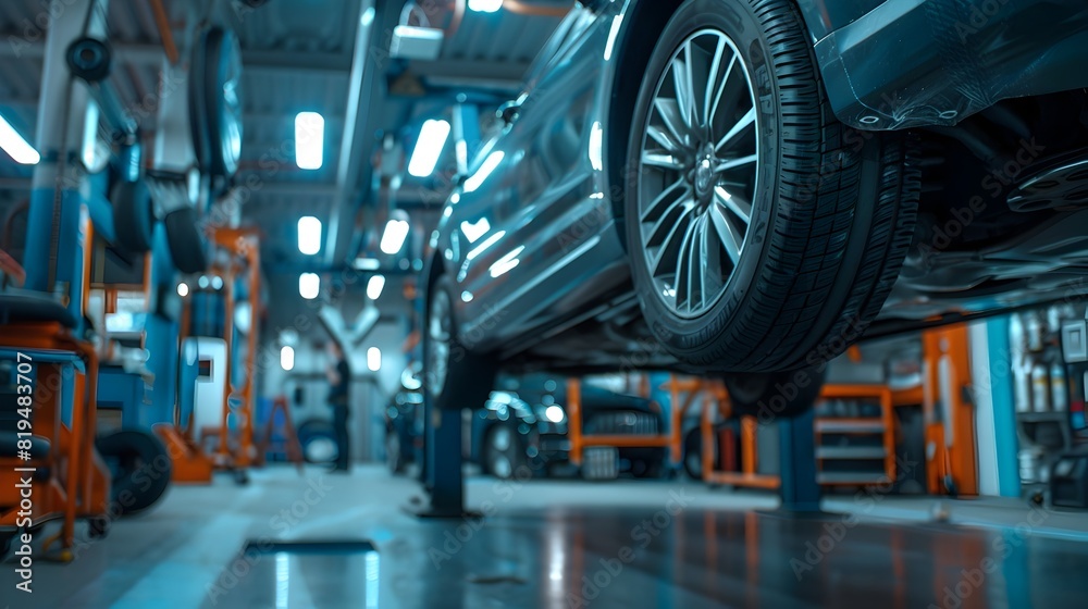 Technician Inspecting Car Tires on Hydraulic Lift in Fully Equipped Automotive Garage Technician Inspecting Car Tires on Hydraulic Lift in Fully Equipped Automotive Garage