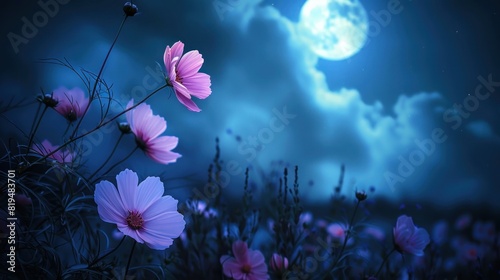 Romantic night scene - Beautiful pink flower blossom in garden with night skies and full moon.