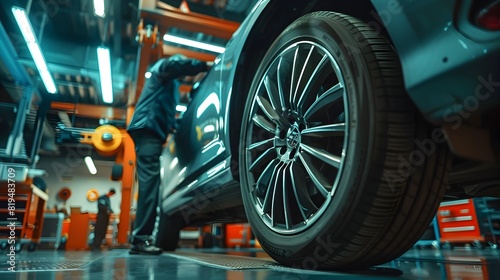 Wallpaper Mural Technician Rotating Car Tires on Hydraulic Lift in Equipped Automotive Garage Torontodigital.ca