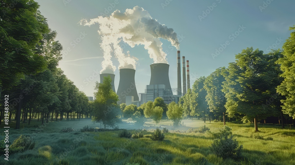A serene landscape featuring a power plant with surrounding trees, epitomizing green industry and sustainable energy. This eco power concept underscores the importance of a low carbon footprint.