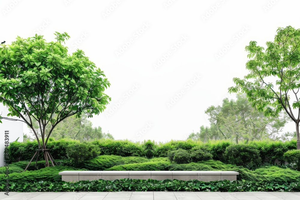 Realistic photograph of a complete Urban Green Spaces,solid stark white background, focused lighting