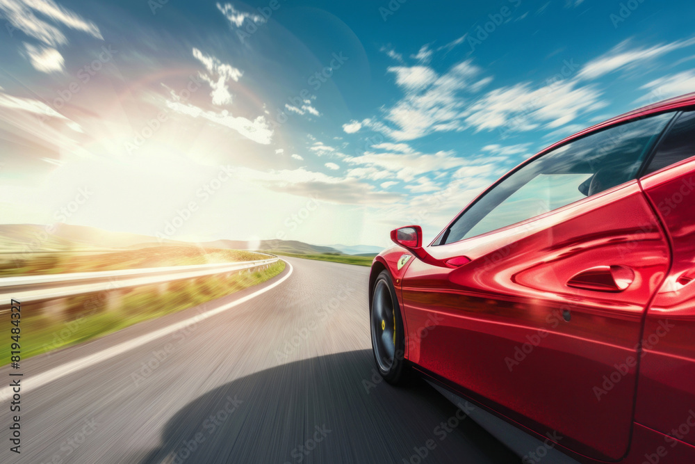 A red sports car driving on the road in motion blur on a sunny day with a blue sky and green landscape in the background.