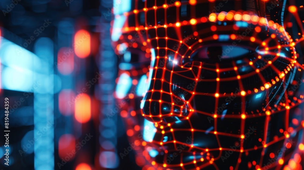 Fototapeta premium Image of AI or artificial intelligence technology, face between lines and dots