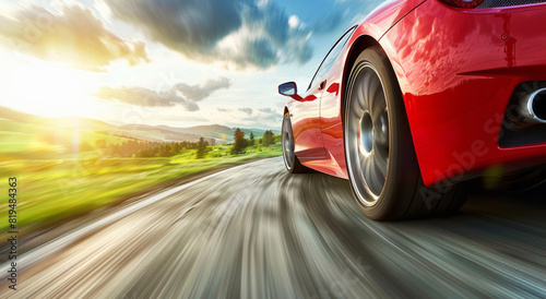 A red sports car driving on the road  with a blurred background  on a sunny day with a blue sky and green landscape.