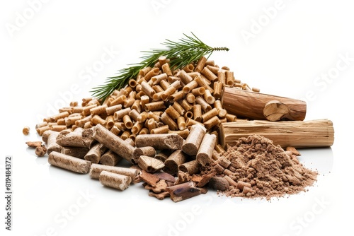 Realistic photograph of a complete Biomass Energy,solid stark white background, focused lighting photo