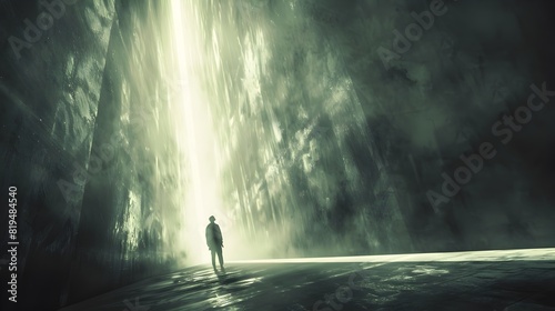 Solitary Figure in Dramatic,Moody Landscape with Beams of Light photo