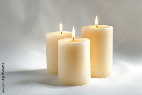 Realistic photograph of a complete Candles,solid stark white background, focused lighting