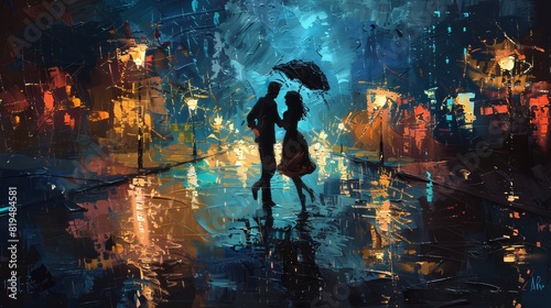 A painting of a joyful couple dancing in the rain © 涛 纪