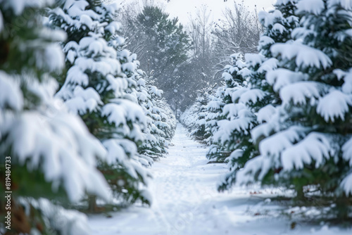 Rows of snow-covered Christmas trees in an orchard are photographed from the perspective of someone standing between them, with the trees of different shapes