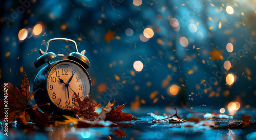 An alarm clock, surrounded by autumn leaves, is set against a dark blue background with bokeh lights. photo