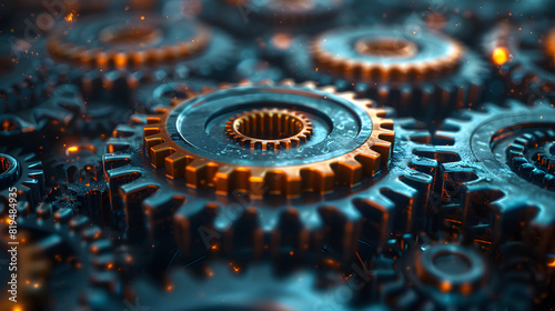 Detailed close-up of interlocking industrial gears with glowing highlights, emphasizing mechanical precision and engineering complexity